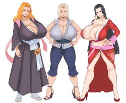 Rule 34 | 3girls, absurdres, areola slip, black footwear, black hair, bleach, blonde hair, boa hancock, breasts, cleavage, covered erect nipples, crossover, facial mark, forehead jewel, forehead mark, gigantic breasts, hair tie, hands on own hips, highres, huge breasts, japanese clothes, kimono, large areolae, lipstick, long hair, looking at viewer, makeup, matsumoto rangiku, mature female, multiple girls, nail polish, naruto (series), one piece, orange hair, red nails, simple background, standing, sunnysundown, tsunade (naruto), very long hair, white background