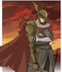 Rule 34 | 1girl, armor, cape, closed mouth, covered eyes, dress, elden ring, from side, gold armor, helmet, helmet over eyes, holding, holding sword, holding weapon, long hair, malenia blade of miquella, mechanical arms, prosthesis, prosthetic arm, red cape, red hair, simple background, single mechanical arm, skinipik, solo, sword, very long hair, weapon, winged helmet