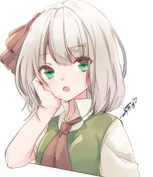 Rule 34 | 1girl, 2016, artist name, bad id, bad twitter id, black necktie, breasts, chestnut mouth, collared shirt, dated, eyebrows, eyes visible through hair, green eyes, green vest, hairband, hand on own cheek, hand on own face, konpaku youmu, looking at viewer, necktie, open collar, open mouth, round teeth, shirt, short hair, silver hair, simple background, small breasts, solo, teeth, touhou, upper body, varyu, vest, white background, white shirt