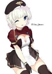 Rule 34 | 1girl, ;p, aiguillette, azur lane, beret, between legs, black gloves, black hat, black thighhighs, blue eyes, blush, breasts, cleavage, commentary request, cowboy shot, dress, eyebrows hidden by hair, gloves, hand between legs, hat, highres, karlsruhe (azur lane), looking at viewer, medium breasts, multicolored clothes, multicolored dress, ochinsama, one eye closed, short hair, short sleeves, sidelocks, simple background, sitting, smile, solo, thighhighs, tongue, tongue out, twitter username, white background, white hair, zettai ryouiki