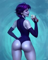 Rule 34 | 1girl, artist name, ass, bare shoulders, blue background, colored skin, cream, dc comics, evulchibi, formal, highres, looking at viewer, nail polish, purple eyes, purple hair, purple nails, purple skin, purple suit, raven (dc), simple background, smile, solo, suit, teen titans