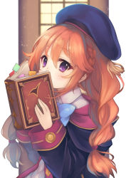 Rule 34 | 1girl, absurdres, beret, black coat, blue bow, blue hat, blush, book, bookmark, bow, braid, brown hair, coat, collared dress, commentary request, covered mouth, dress, hair between eyes, hands up, hat, highres, holding, holding book, hood, hood down, hooded coat, long hair, looking at viewer, open book, open clothes, open coat, otogi kyouka, princess connect!, purple eyes, solo, twin braids, upper body, white dress, window, yuni (princess connect!)