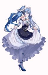 Rule 34 | 1girl, absurdres, blue eyes, blue footwear, blue hair, butch (qkrgur60311), commentary, detached collar, detached sleeves, dress, floating hair, fortissimo, hair between eyes, hair ornament, hatsune miku, high heels, highres, layered dress, long dress, long hair, long sleeves, musical note, musical note hair ornament, pumps, simple background, skirt hold, solo, strapless, strapless dress, underbust, very long hair, vocaloid, white background, white dress, white legwear, white sleeves, yuki miku, yuki miku (2019)