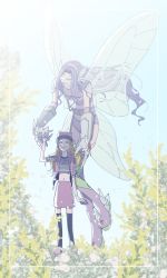 Rule 34 | 2girls, blonde hair, butterfly wings, digimon, digimon (creature), digimon frontier, dual persona, fairimon, fairy, highres, insect wings, long hair, mask, multiple girls, orimoto izumi, purple cap, purple hair, purple skirt, shirt, skirt, smile, striped clothes, striped shirt, visor, wings