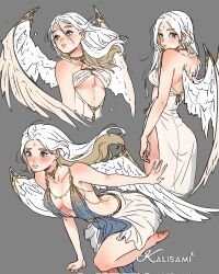 Rule 34 | 1girl, angel, angel wings, ass, back, backless dress, backless outfit, bare arms, bare shoulders, blue eyes, blush, breasts, closed mouth, collarbone, dress, highres, kalisami1, long hair, looking at viewer, looking back, multiple views, sideboob, simple background, sleeveless, solo, standing, underboob, white hair, white wings, wings