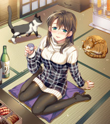 Rule 34 | 1girl, alcohol, animal, arm support, beans, black pantyhose, bottle, box, breasts, brown hair, cake, cat, chest of drawers, choko (cup), cup, cushion, dress, drunk, earrings, fingernails, food, from above, green eyes, hair between eyes, half updo, heart, heart earrings, heater, highres, holding, indoors, jewelry, kairi (strawberry drop), leaning back, light particles, lipstick, long hair, long sleeves, looking at viewer, makeup, medium breasts, no shoes, on floor, original, pantyhose, parted lips, ribbed dress, ribbed sweater, running bond, sake, sake bottle, shiny clothes, short dress, shrimp, sitting, sliding doors, smile, stud earrings, sweater, sweater dress, table, tatami, turtleneck, turtleneck sweater, wariza, white dress, white sweater, wooden floor