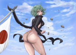 Rule 34 | 1girl, :o, ahoge, artist name, ass, black dress, blue sky, breasts, clenched hand, cloud, curly hair, dismaiden, dress, female focus, flag, flagpole, flying, green eyes, green hair, highres, japanese flag, looking back, matching hair/eyes, medium breasts, no panties, one-punch man, rubble, short hair, sky, solo, tan, tanline, tatsumaki, thighs, torn clothes, torn dress