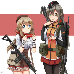 Rule 34 | 2girls, :o, :t, assault rifle, belt, belt pouch, beret, black legwear, blue eyes, braid, breasts, candy, chinese commentary, chocolate, chocolate bar, commentary request, cowboy shot, eating, fn fnc, fnc (girls&#039; frontline), food, food on face, frilled skirt, frills, garrison cap, girls&#039; frontline, green eyes, grey hair, gun, hair between eyes, hair ornament, hat, highres, hiking pole, holding, holding food, jacket, light brown hair, long hair, long sleeves, looking at another, looking at viewer, medium breasts, multiple girls, ndtwofives, original, over shoulder, pantyhose, pleated skirt, pouch, red skirt, rifle, sig 500 (girls&#039; frontline) (ndtwofives), sig 550 (girls&#039; frontline) (ndtwofives), sig sg550, single braid, skirt, standing, swiss flag, two-tone background, weapon, weapon over shoulder
