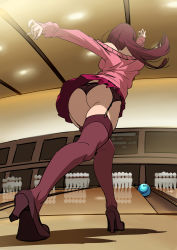 Rule 34 | 1girl, absurdres, ass, ball, black panties, bowling, bowling alley, bowling ball, bowling pin, breasts, brown footwear, brown hair, ceiling, ceiling light, commentary, facing away, failure, from behind, from below, full body, garter belt, garter straps, gutter ball, high heels, highres, indoors, large breasts, legs, long hair, long sleeves, microskirt, miniskirt, off-shoulder sweater, off shoulder, original, outstretched arms, panties, pantyshot, perspective, pink skirt, pink sweater, pink thighhighs, pleated skirt, shoe soles, shoes, sketch, skirt, solo, standing, sweater, thick thighs, thighhighs, thighs, twinpoo, underwear, upskirt, wide hips
