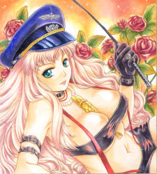 Rule 34 | 00s, 1girl, bad id, bad pixiv id, belt, between breasts, blue eyes, breasts, choker, cleavage, covered erect nipples, flower, gloves, hat, jewelry, large breasts, long hair, macross, macross frontier, microphone, necklace, peaked cap, pemoko, riding crop, ring, sheryl nome, solo, strapless, suspenders, traditional media, tube top, very long hair, whip