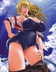 Rule 34 | 1girl, absurdres, bikini, blonde hair, blue eyes, blush, breasts, clothes pull, comic, covered erect nipples, eleanor mercer, eromanga, freckles, fukudahda, highres, honey blonde, hose, huge breasts, long hair, non-web source, one-piece swimsuit, open clothes, open mouth, open shirt, scan, school swimsuit, school uniform, shirt, skirt, skirt pull, smile, solo, swimsuit, swimsuit under clothes