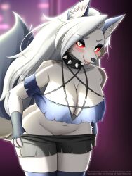 Rule 34 | 1girl, animal ears, bare shoulders, blush, breasts, cleavage, collar, collarbone, colored sclera, crop top, dated, ear piercing, fangs, faroula, fingerless gloves, furry, furry female, gloves, grey hair, groin, helluva boss, highres, large breasts, long hair, looking at viewer, loona (helluva boss), meme attire, muzzle, navel, panties, panty pull, pentagram, piercing, red eyes, red sclera, spiked collar, spikes, tail, thick thighs, thighhighs, thighs, two-tone fur, underwear, undressing, white fur, wolf ears, wolf girl, wolf tail
