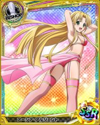 Rule 34 | 10s, 1girl, :d, arms behind head, asia argento, ass, bikini, bikini top only, bishop (chess), blonde hair, breasts, card (medium), chess piece, garter straps, green eyes, high school dxd, long hair, looking at viewer, looking back, official art, open mouth, panties, pink bikini, pink thighhighs, sideboob, smile, solo, swimsuit, thighhighs, torn clothes, torn thighhighs, trading card, underwear, very long hair
