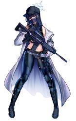 Rule 34 | 1girl, absurdres, armband, assault rifle, bare shoulders, baseball cap, black gloves, black hair, black hat, black pants, black shirt, blue archive, blue eyes, boots, coat, commission, commissioner upload, crop top, cross-laced footwear, foregrip, full body, gloves, gun, halo, hat, highres, knife sheath, lace-up boots, long hair, looking at viewer, mask, midriff, mouth mask, off shoulder, pants, rifle, saori (blue archive), scope, sheath, shirt, simple background, sleeveless, sleeveless shirt, solo, standing, stomach, weapon, white background, white coat, yuutama2804