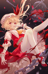 Rule 34 | 1girl, ascot, blonde hair, blood, cage, chain, convenient censoring, crystal, cuffs, flandre scarlet, hat, hat ribbon, highres, lazuri7, looking at viewer, mob cap, nail polish, one side up, petals, puffy short sleeves, puffy sleeves, red eyes, red footwear, red nails, red ribbon, red skirt, red vest, ribbon, shackles, shirt, shoes, short hair, short sleeves, skirt, skirt set, solo, thighs, touhou, vest, white hat, white legwear, white shirt, wings, wrist cuffs, yellow ascot