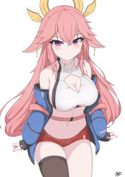 Rule 34 | 1girl, absurdres, alternate costume, animal ears, bare shoulders, blue jacket, breasts, bright pupils, brown thighhighs, cleavage, cleavage cutout, closed mouth, clothing cutout, collarbone, commentary request, cowboy shot, crop top, earrings, fox ears, genshin impact, hair ornament, highres, jacket, jewelry, large breasts, long hair, long sleeves, looking at viewer, micro shorts, midriff, navel, off shoulder, open clothes, open jacket, pink hair, purple eyes, red shorts, sato art, shirt, short shorts, shorts, sideboob, simple background, single thighhigh, sleeveless, sleeveless shirt, smile, solo, stomach, thigh gap, thighhighs, thighs, underboob, underboob cutout, white background, white shirt, yae miko