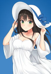 Rule 34 | 10s, 1girl, bad id, bare shoulders, blue background, blush, bow, breasts, brown hair, cleavage, collarbone, dress, green eyes, hands on headwear, hat, hat bow, idolmaster, idolmaster cinderella girls, long hair, long sleeves, looking at viewer, medium breasts, shibuya rin, shuuichi, simple background, smile, solo, sun hat, sundress, white dress, white hat, wind