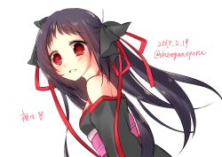 Rule 34 | 1girl, absurdres, bare shoulders, black hair, commentary request, hair ribbon, highres, japanese clothes, kimono, long hair, looking at viewer, machine-doll wa kizutsukanai, open mouth, red eyes, ribbon, shiroganeyoru, smile, translated, yaya (machine-doll)