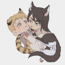 Rule 34 | 2boys, animal ears, blonde hair, blush, brown hair, cat boy, cat ears, cat tail, cheek-to-cheek, chibi, clothes lift, eren yeager, facial hair, from above, full body, goatee, green eyes, heads together, highres, kemonomimi mode, long hair, marley military uniform, multiple boys, reiner braun, shingeki no kyojin, shirt lift, short hair, stubble, tail, tearing up, thick eyebrows, tiger boy, tiger ears, tiger tail, tongue, tongue out, yaoi, zunkome