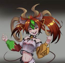 Rule 34 | 1girl, alternate hair color, animal ears, broken tooth, collar, crop top, crossover, detached sleeves, green hair, hakos baelz, highres, hololive, hololive english, horns, long hair, long sleeves, looking at viewer, midriff, mouse (animal), mouse ears, mouse girl, mouse tail, mr. squeaks (hakos baelz), multicolored hair, navel, nightmareroach, off-shoulder shirt, off shoulder, on head, open mouth, red hair, sharp teeth, shirt, skaven, spiked collar, spikes, strapless, strapless shirt, streaked hair, tail, teeth, twintails, virtual youtuber, warhammer fantasy