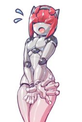 Rule 34 | 1boy, android, blush, covering privates, covering crotch, embarrassed, hair over eyes, joints, kawai fuguri, male focus, open mouth, pink hair, robot, robot joints, robot neoanthropinae polynian, shamrock (polynian), simple background, solo, trap, white background, wide hips
