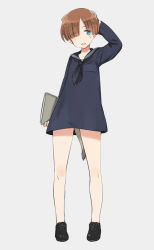 Rule 34 | 1girl, animal ears, arm behind back, blue eyes, book, brown hair, dog ears, dog tail, dress, eyes visible through hair, full body, joanna elizabeth stafford, looking at viewer, luminous witches, official art, open mouth, sailor dress, shimada fumikane, shoes, short hair, simple background, smile, solo, standing, sweat, tail, uniform, world witches series