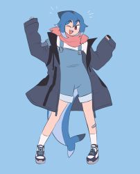 Rule 34 | 1girl, black coat, blue overalls, borrowed character, coat, fins, fish tail, full body, highres, mako (azuumori), marie erzen, one eye closed, open mouth, original, overalls, purple eyes, red scarf, scarf, shark fin, shark girl, shark tail, sharp teeth, shirt, shoes, sleeves past wrists, smile, socks, solo, standing, tail, teeth, white shirt, white socks