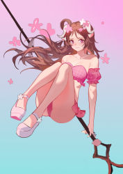Rule 34 | 1girl, absurdres, animal ears, arknights, bare legs, bare shoulders, bikini, blue background, breasts, brown hair, cleavage, closed mouth, collarbone, commentary, eyjafjalla (arknights), eyjafjalla (summer flower) (arknights), flower, frilled bikini, frills, full body, goat ears, goat horns, gradient background, highres, holding, holding staff, horns, lai dou laile 555, long hair, looking at viewer, medium breasts, off-shoulder bikini, off shoulder, official alternate costume, pink background, pink bikini, pink eyes, pink flower, pink footwear, smile, solo, staff, swimsuit
