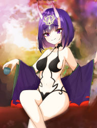 Rule 34 | 1girl, absurdres, artist request, bare shoulders, blurry, blurry background, bob cut, breasts, choko (cup), collarbone, cup, eyeliner, fate/grand order, fate (series), grin, headpiece, highres, horns, japanese clothes, kimono, long sleeves, looking at viewer, makeup, medium breasts, navel, off shoulder, oni, open clothes, open kimono, outdoors, pink sky, purple eyes, purple hair, purple kimono, revealing clothes, short hair, shuten douji (fate), sitting, skin-covered horns, sky, smile, sunrise, thighs, wide sleeves