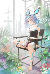 Rule 34 | 1girl, :o, ahoge, animal ears, arm tattoo, bare shoulders, barefoot, black camisole, black shorts, blue eyes, blue hair, book, breasts, cable, camisole, chair, cloud hair ornament, collarbone, commission, fake animal ears, gradient hair, hairband, heterochromia, highres, holding, holding book, indie virtual youtuber, leg tattoo, magatama, medium hair, midriff, multicolored hair, nabana saute, nail polish, navel, on chair, sayu sincronisity, sayu sincronisity (1st costume), shorts, sitting, skeb commission, small breasts, solo, tattoo, toenail polish, toenails, virtual youtuber, yellow eyes