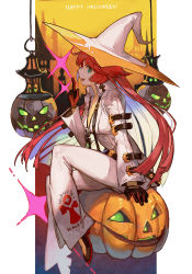 Rule 34 | 1girl, ankh necklace, bodysuit, breasts, colored inner hair, earrings, gloves, green eyes, guilty gear, guilty gear strive, halloween, hat, hungry clicker, index finger raised, jack-o&#039;-lantern, jack-o&#039; valentine, jewelry, large breasts, long hair, long sleeves, looking at viewer, multicolored hair, open mouth, pumpkin, red hair, sitting, smile, white bodysuit, white hair, white hat, witch hat