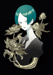 Rule 34 | 1other, androgynous, bad id, bad pixiv id, black background, colored skin, eyes visible through hair, flower, gem uniform (houseki no kuni), golden arms, green eyes, green hair, highres, houseki no kuni, looking at viewer, necktie, no nose, phosphophyllite, short hair, solo, spoilers, upper body, white skin