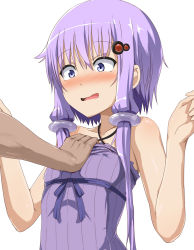 Rule 34 | 1girl, abmayo, bare shoulders, blue eyes, blush, breasts, collarbone, criss-cross halter, dark skin, dress, dress grab, embarrassed, eyebrows, grabbing, hair ornament, hair tubes, hairpin, halterneck, hand on another&#039;s chest, highres, looking down, low twintails, nose blush, purple dress, purple ribbon, ribbon, sanpaku, shiny skin, short hair with long locks, simple background, small breasts, solo focus, striped clothes, striped dress, tareme, twintails, vertical-striped clothes, vertical-striped dress, vocaloid, voiceroid, w arms, white background, wide-eyed, yuzuki yukari