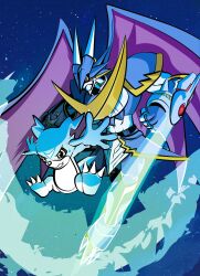 Rule 34 | claws, digimon, digimon (creature), energy sword, highres, red eyes, sword, ulforcev-dramon, v-mon, weapon, yellow eyes