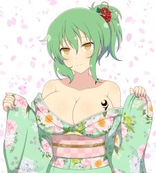 Rule 34 | 10s, 1girl, bare shoulders, blush, body blush, breast tattoo, breasts, cherry blossoms, cleavage, collarbone, commentary request, floral print, green hair, green kimono, hair between eyes, hair ornament, highres, hikage (senran kagura), ichiryuu tsumiki, japanese clothes, kimono, large breasts, off shoulder, petals, print kimono, senran kagura, short ponytail, sidelocks, simple background, slit pupils, solo, tattoo, white background, yellow eyes, yukata