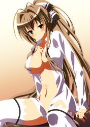 Rule 34 | 10s, 1girl, amagi brilliant park, antenna hair, arm support, blush, breasts, brown eyes, brown hair, dress shirt, gradient background, highres, ka2, large breasts, long hair, long sleeves, looking at viewer, navel, no bra, open clothes, open shirt, orange background, sento isuzu, shirt, sitting, solo, thighhighs, very long hair, white thighhighs