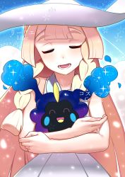 Rule 34 | 1girl, 2017, :d, ^ ^, absurdres, artist name, bare arms, bare shoulders, blonde hair, blunt bangs, blush, braid, character name, closed eyes, collarbone, collared dress, cosmog, creatures (company), dated, dress, floral background, game freak, gen 7 pokemon, hat, highres, legendary pokemon, light particles, lillie (pokemon), long hair, nintendo, open mouth, outline, pokemon, pokemon (creature), pokemon sm, qb, sleeveless, sleeveless dress, smile, sparkle, sun hat, sundress, teeth, text focus, tongue, twin braids, upper body, white dress, white hat