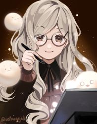 Rule 34 | 1girl, black jacket, brown background, brown eyes, brown hair, brown shirt, commentary, drawing tablet, english commentary, eri (vtuber), glasses, highres, holding, holding stylus, indie virtual youtuber, jacket, looking at viewer, mole, mole under eye, round eyewear, sei (seibugged), shirt, smile, solo, stylus, virtual youtuber