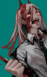 Rule 34 | 1girl, 2 mannaka, black jacket, bleeding, blood, blood on face, chainsaw man, collared shirt, green background, hair between eyes, highres, jacket, long hair, necktie, open mouth, pink hair, power (chainsaw man), red eyes, sharp teeth, shirt, solo, teeth, tongue, tongue out, unusual pupils, white shirt