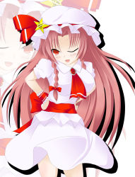 Rule 34 | 1girl, akisome hatsuka, ascot, blouse, blush stickers, bow, braid, breasts, brooch, cosplay, female focus, hands on own hips, hat, hat bow, hatsuka (exsilver), hong meiling, jewelry, long hair, one eye closed, open mouth, red eyes, red hair, remilia scarlet, remilia scarlet (cosplay), sash, shirt, short sleeves, single braid, skirt, skirt set, smile, solo, star (symbol), touhou, twin braids, very long hair, wink, wrist cuffs, zoom layer