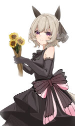 Rule 34 | 1girl, absurdres, animal ears, black dress, black gloves, bow, breasts, cowboy shot, curren chan (sakutsuki ma cherie) (umamusume), curren chan (umamusume), dress, dress bow, elbow gloves, flower, gloves, grey hair, hair ornament, highres, holding, holding flower, horse ears, horse girl, horse tail, light blush, looking at viewer, looking to the side, open mouth, purple eyes, short hair, simple background, small breasts, smile, solarisyuri!, solo, standing, tail, umamusume, white background