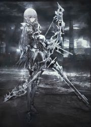 Rule 34 | 1girl, armor, bow (weapon), cityscape, commentary request, fantasy, faulds, full body, greaves, grey eyes, grey theme, highres, holding, holding bow (weapon), holding sword, holding weapon, knight, long hair, looking at viewer, mixed-language commentary, original, pointy ears, shoulder armor, solo, standing, sword, tuda6, weapon, white hair