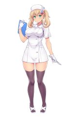 Rule 34 | 1girl, amane hasuhito, black thighhighs, blonde hair, breasts, clipboard, dress, full body, gloves, green eyes, hat, highres, holding, holding clipboard, holding knife, holding scalpel, knife, large breasts, nurse, nurse cap, original, sandals, scalpel, short dress, short sleeves, sidelocks, simple background, solo, standing, thighhighs, twintails, white background, white dress, white footwear, white gloves