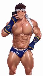 Rule 34 | 1boy, abs, animated, animated gif, artisticjinsky, bara, blush, brown eyes, brown hair, bulge, gloves, headband, highres, large pectorals, looking at viewer, male focus, male pubic hair, muscular, muscular male, nipples, pectorals, pubic hair, short hair, simple background, smile, solo, the king of fighters, the king of fighters &#039;97, thick thighs, thighs, tongue, tongue out, underwear, white background, yabuki shingo