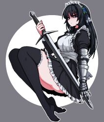 Rule 34 | 1girl, apron, ass, black dress, black hair, black thighhighs, breasts, commentary request, dress, expressionless, formicid, frilled apron, frilled dress, frilled thighhighs, frills, full body, gauntlets, grey background, hair ribbon, holding, holding sword, holding weapon, korean commentary, long hair, long sleeves, looking at viewer, maid apron, maid headdress, medium breasts, original, ribbon, single gauntlet, solo, sword, thighhighs, weapon