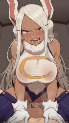 Rule 34 | 1boy, 1girl, animal ears, blush, boku no hero academia, breasts, censored, clothing aside, commentary request, covered erect nipples, cowgirl position, dark-skinned female, dark skin, girl on top, gloves, hetero, highleg, highleg leotard, highres, large breasts, leotard, leotard aside, long eyelashes, long hair, looking at viewer, mirko, mosaic censoring, muscular, muscular female, nipples, nt00, parted bangs, penis, pussy, rabbit ears, rabbit girl, red eyes, sex, sleeveless turtleneck leotard, straddling, thick thighs, thighs, toned, vaginal, white gloves, white hair, white leotard