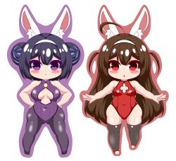 Rule 34 | 2girls, :&lt;, absurdres, ahoge, animal ear fluff, animal ears, azur lane, bare arms, bare shoulders, black footwear, black hair, black legwear, blush, breasts, brown hair, brown outline, closed mouth, covered collarbone, covered navel, double bun, fake animal ears, gluteal fold, hair bun, hairband, hands on own hips, highres, kurukurumagical, leotard, long hair, medium breasts, multiple girls, ning hai (azur lane), ning hai (moon palace rabbit) (azur lane), outline, outstretched arms, pantyhose, parted lips, ping hai (azur lane), ping hai (osmanthus moon rabbit) (azur lane), playboy bunny, purple background, purple eyes, purple leotard, rabbit ears, red eyes, red leotard, shoes, side bun, simple background, single side bun, small breasts, thighhighs, two side up, very long hair, white background, white hairband