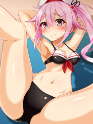 Rule 34 | 1girl, 3:, beret, bikini, black bikini, breasts, commentary request, commission, flower, gradient hair, hair flaps, hair flower, hair ornament, harusame (kancolle), hat, highres, kantai collection, kazami ren (fuushagoya), multicolored hair, pink hair, red eyes, side ponytail, skeb commission, small breasts, solo, spread legs, swimsuit, white hat