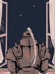 Rule 34 | 1boy, alphonse elric, animated, animated gif, armor, back turned, commentary, curtains, fullmetal alchemist, highres, looking away, male focus, night, night sky, shooting star, sky, solo, standing, star (sky), window