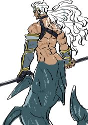 Rule 34 | 1boy, from behind, gauntlets, highres, long hair, looking back, male focus, merman, monster boy, muscular, original, polearm, ponytail, scar, topless male, simple background, single gauntlet, solo, tarousanlove1, weapon, white background, white hair